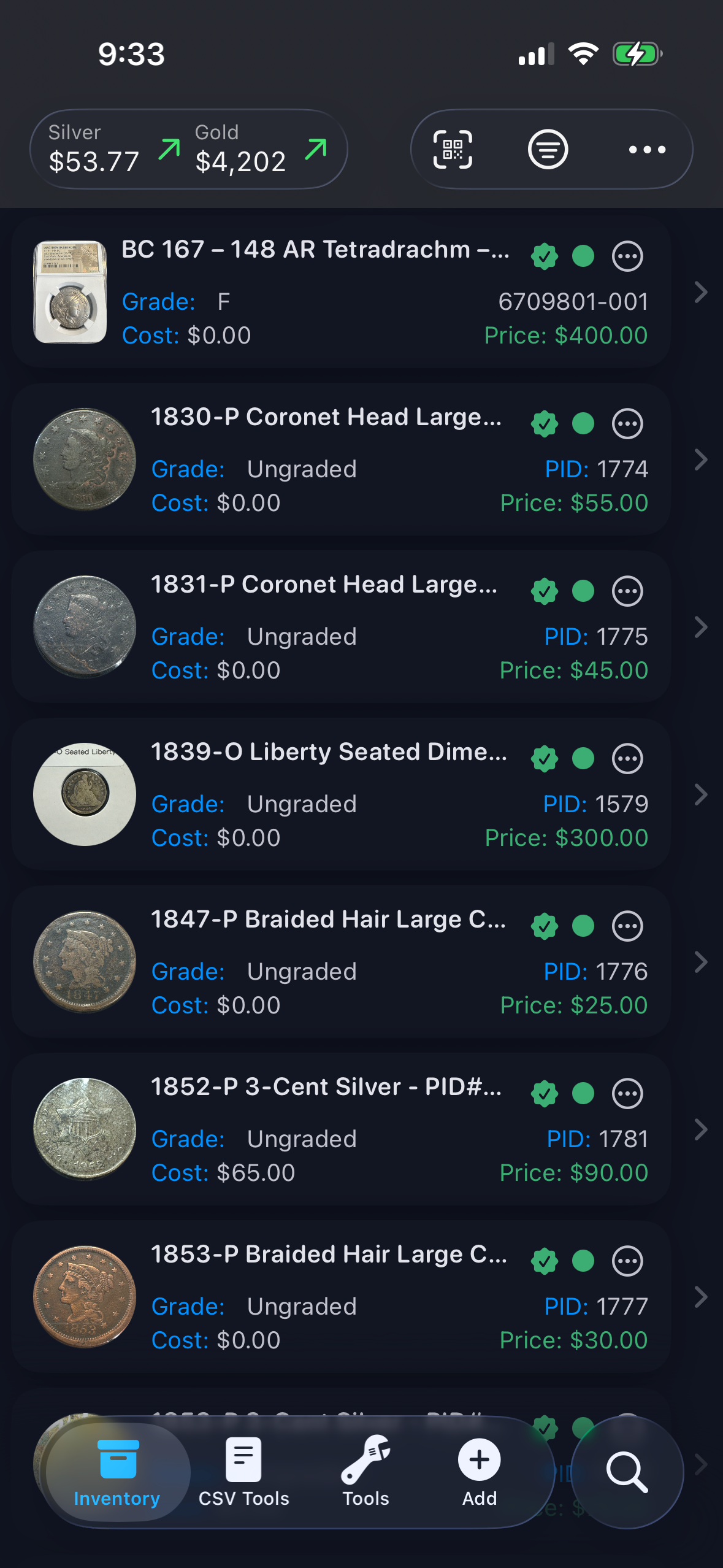 Assetly inventory screen on iPhone