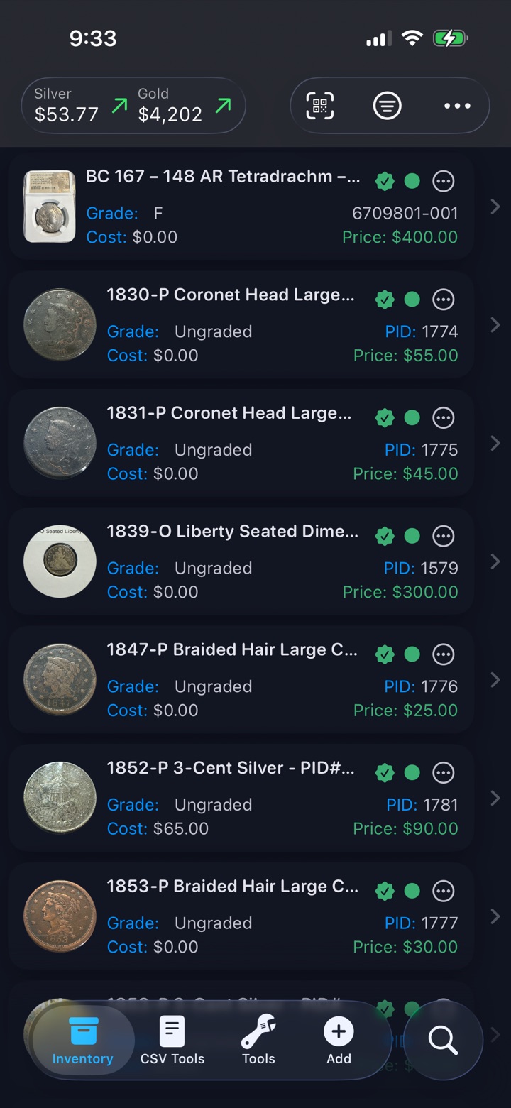 Reliqra inventory screen on iPhone